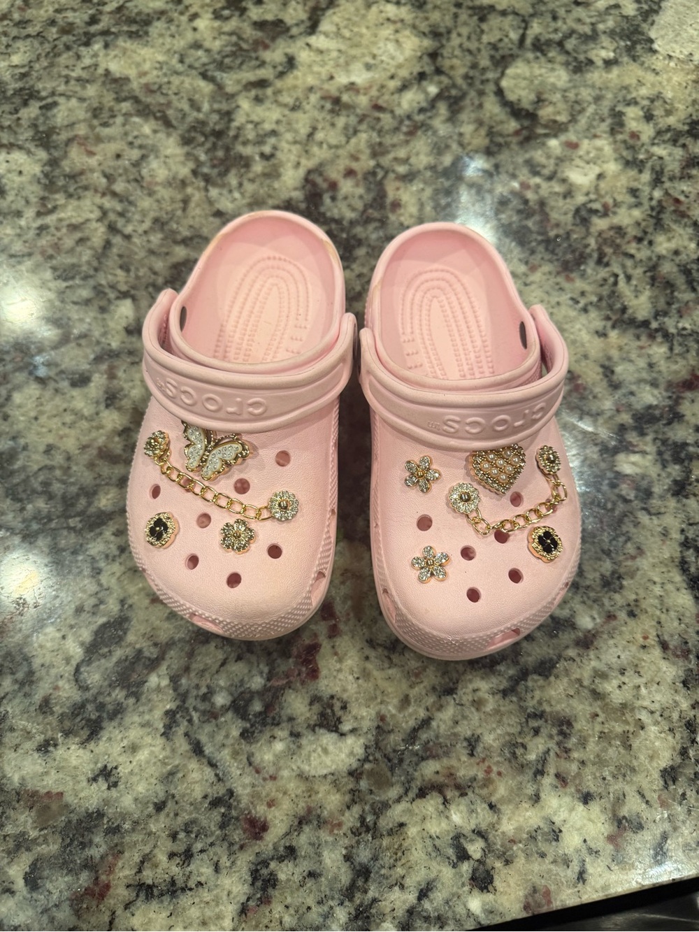 CROCS Kids' Pink Clogs with Gold Charm Accents Size J1
